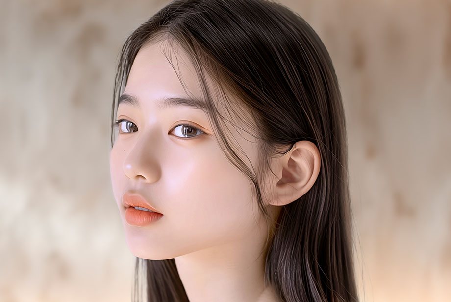 대리석 느낌 배경의 젊은 여성 모델 3/4 옆얼굴