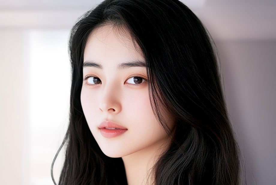 흰 실내 배경의 긴 흑발 젊은 여성 모델